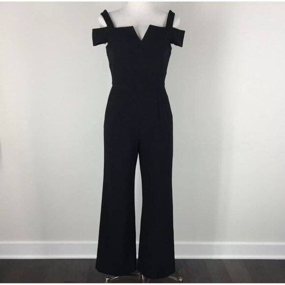 Tahari Women Off Shoulder Strap Back Zip Wide Leg Jump Suit Black Size 8 - Picture 1 of 16